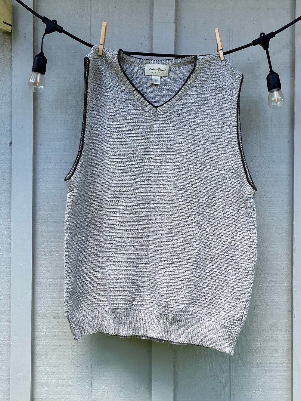 Eddie Bauer Gray Knit V-Neck Sweater Vest with Dark Trim